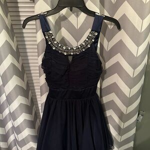 Elegant Navy Blue Dress with Beaded Neckline